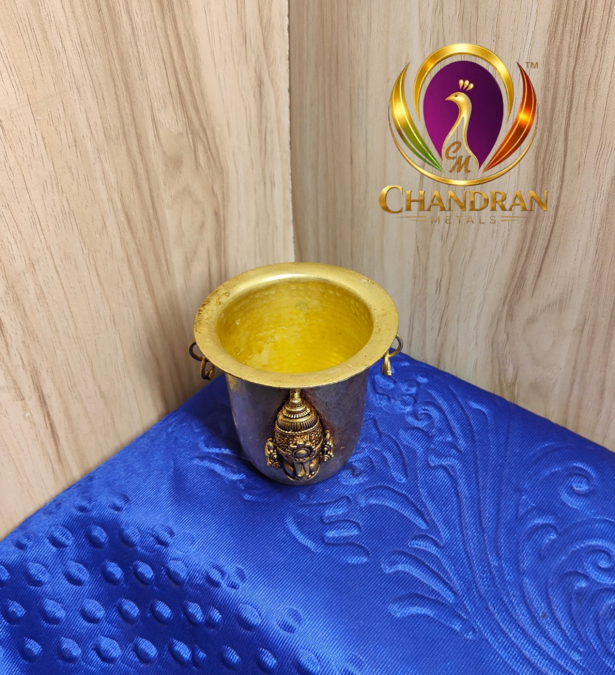 Brass Tirupati Balaji pooja glass 3.2 inch top view showing gold interior, Chandran Metals wholesale