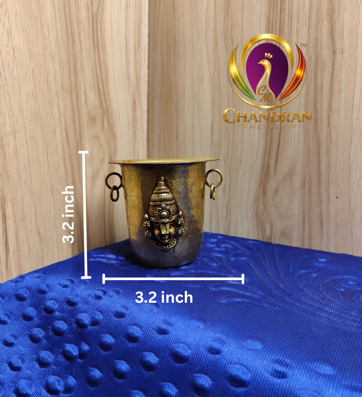 Brass Tirupati Balaji pooja glass 3.2 inch with height and width size chart, Chandran Metals wholesale