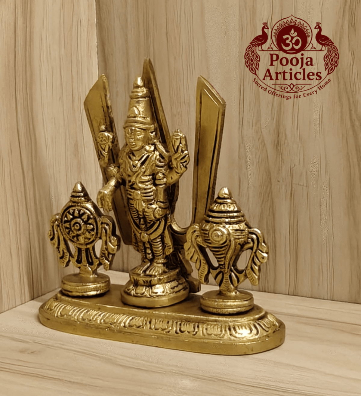 Brass Shankh Chakra Stand with Perumal Idol 4.7 Inch