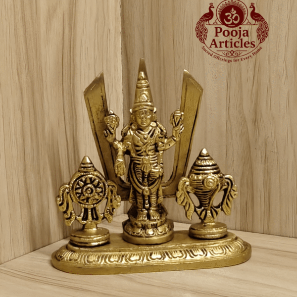 Brass Shankh Chakra Stand with Perumal Idol 4.7 Inch