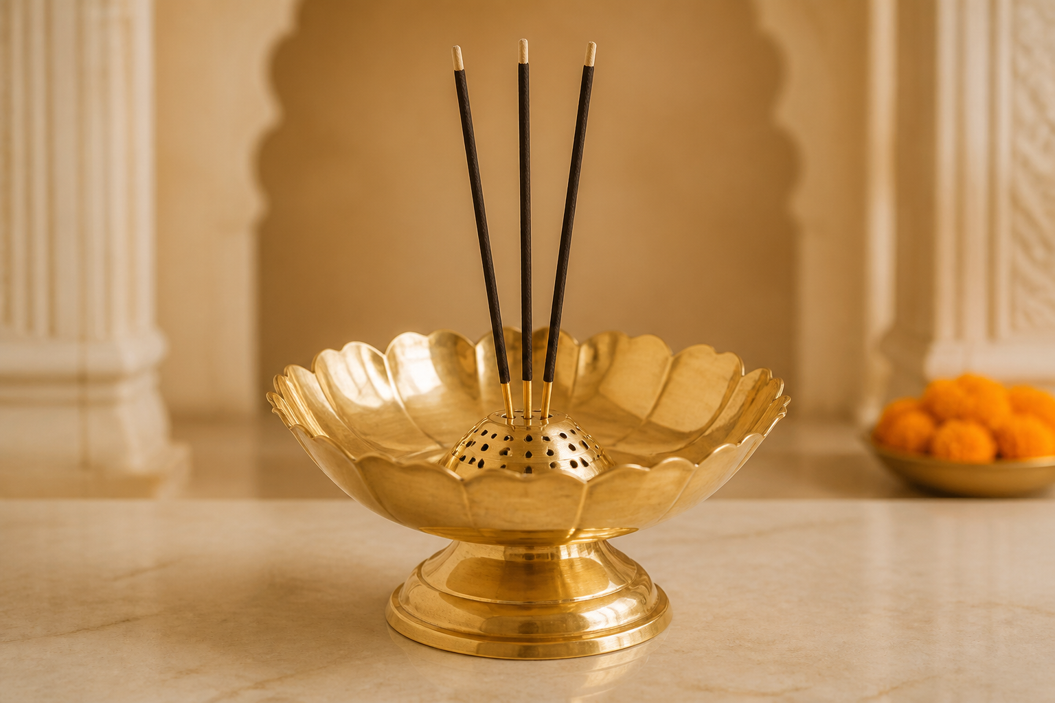Polished brass lotus agarbatti stand with three incense sticks