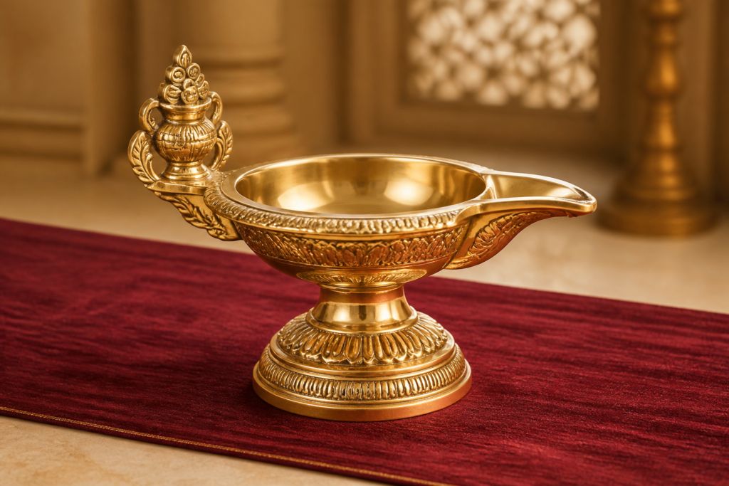 Ornate polished brass Kuber Diya on a burgundy cloth