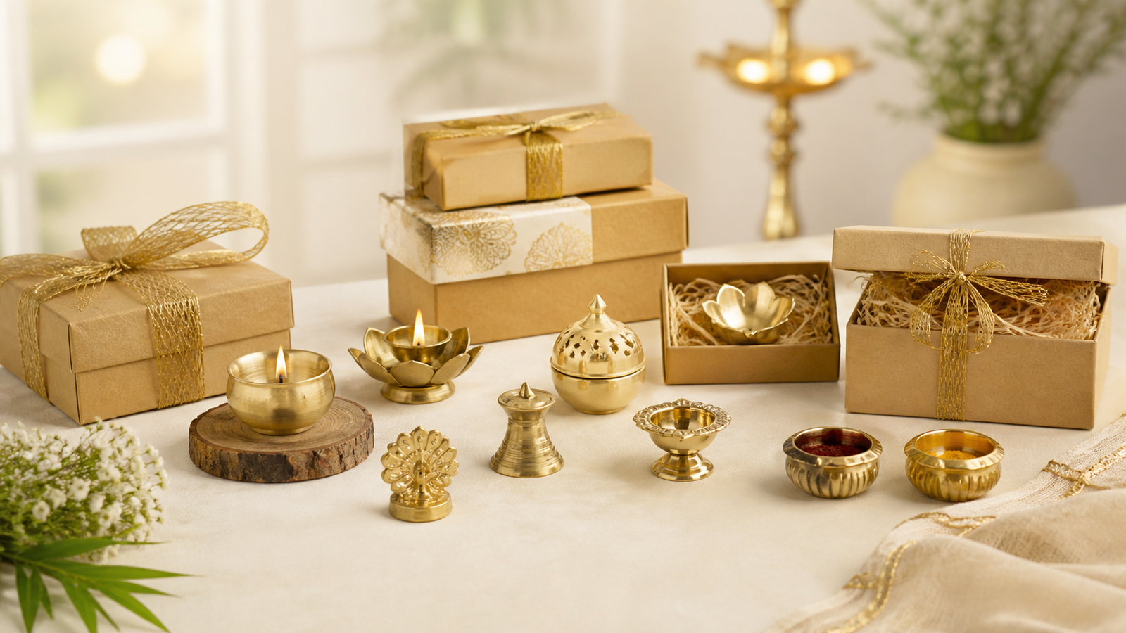 Affordable small brass return gifts arranged in elegant gift boxes