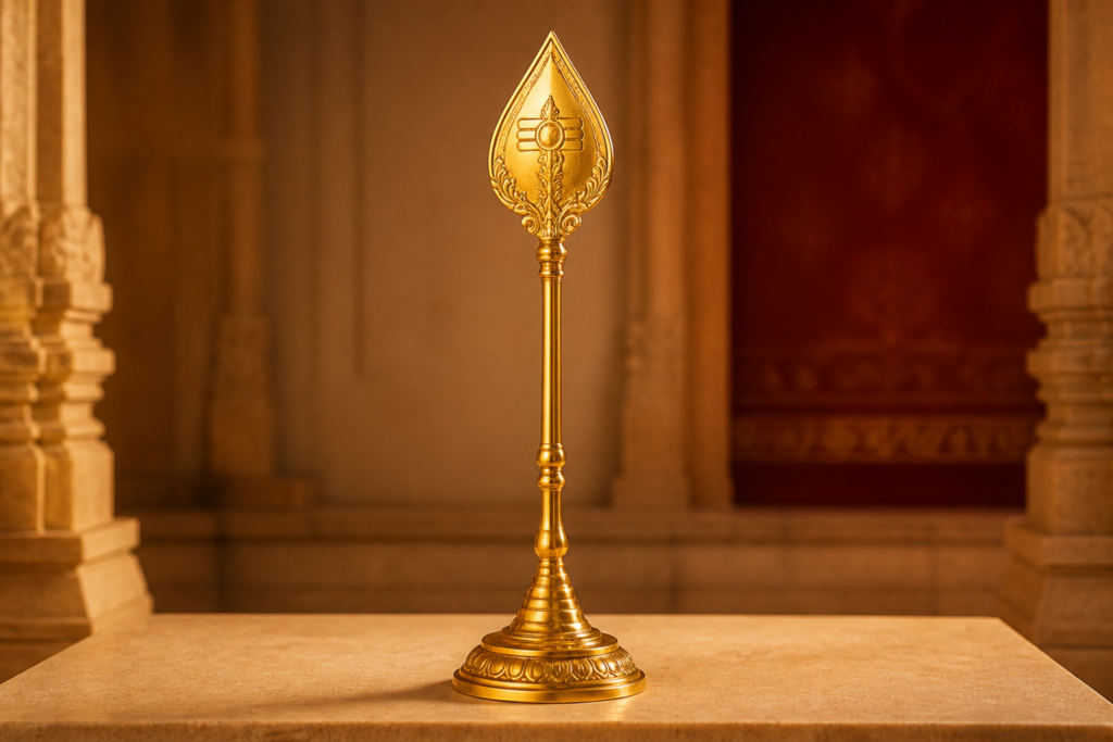 Traditional polished brass Vel stand with an ornamental base