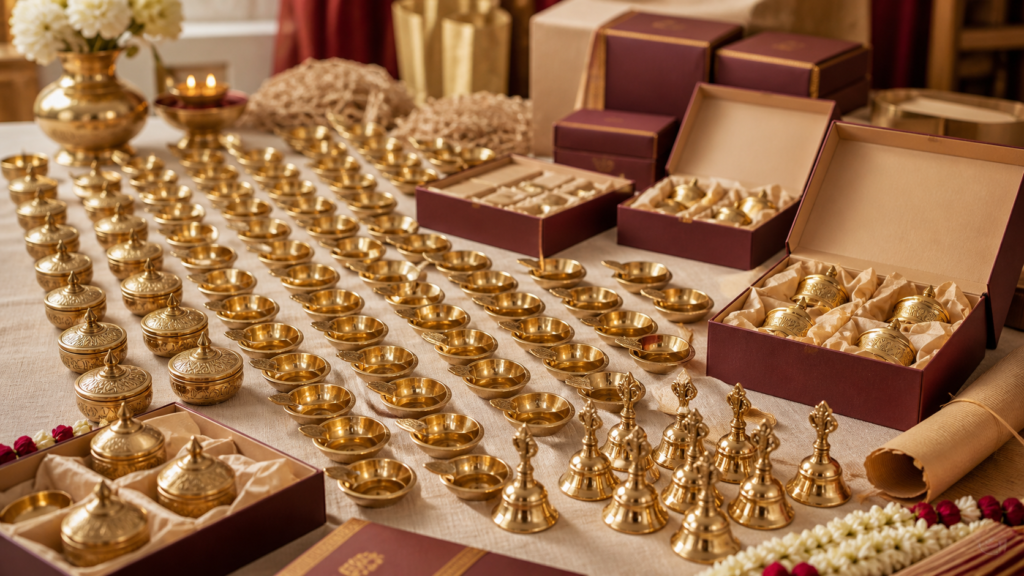 Bulk brass return gifts arranged in rows with protective gift boxes