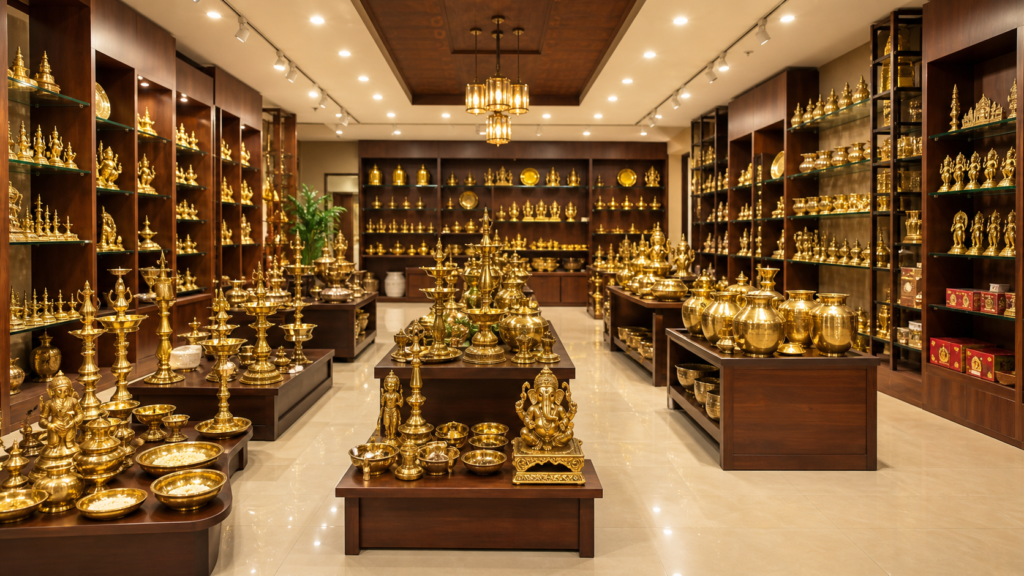 Editorial illustration of a brassware showroom display in Madurai