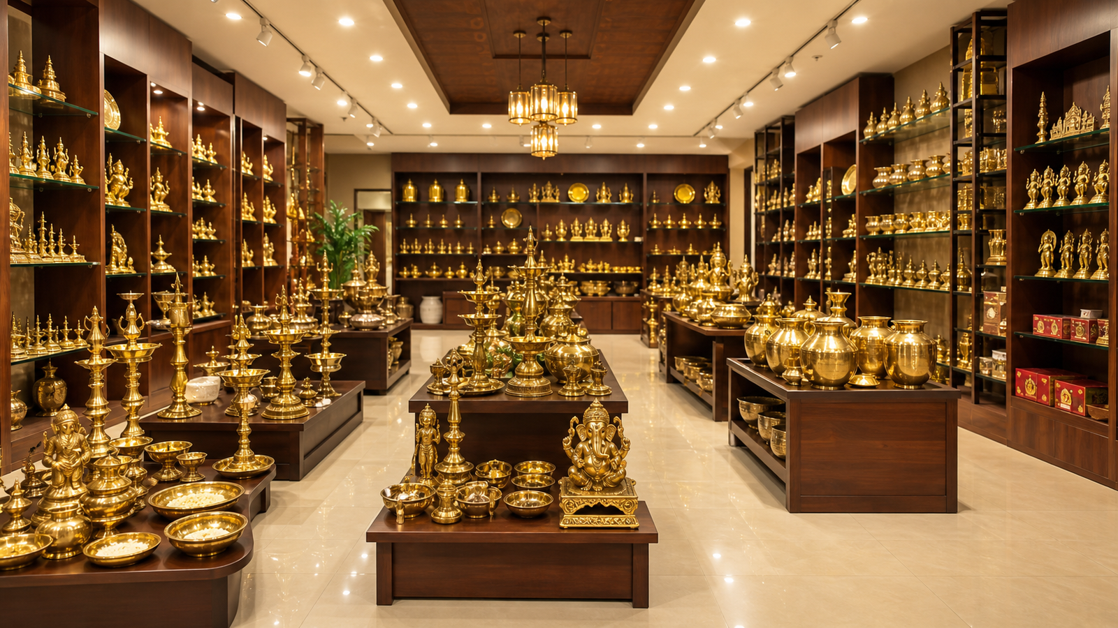 Editorial illustration of a brassware showroom display in Madurai