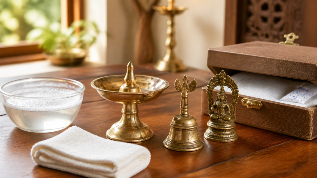 Brass puja items arranged with a cleaning cloth and dry storage box