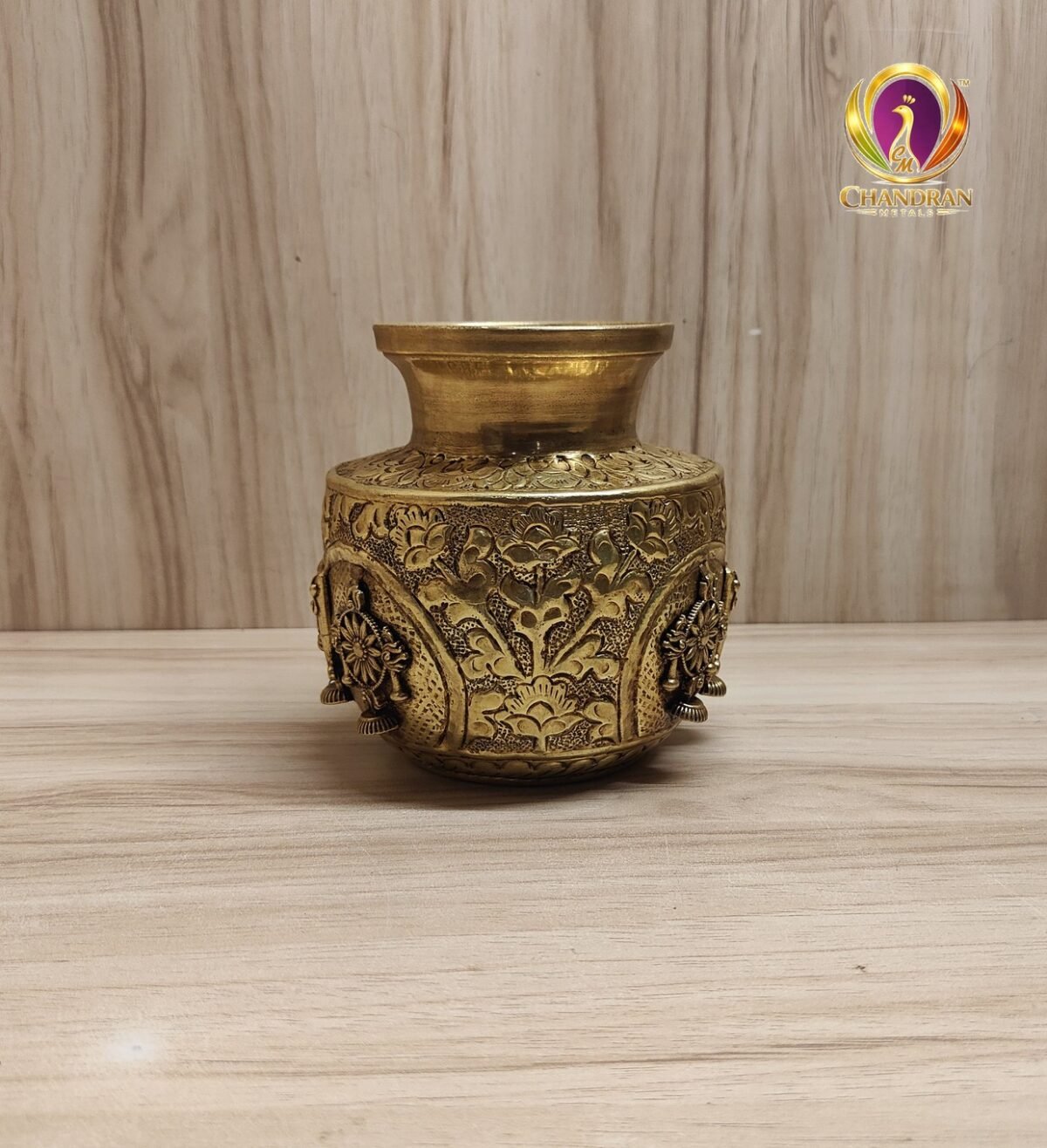 Premium brass shanku chakra kalash 4.5 inch side floral — Chandran Metals