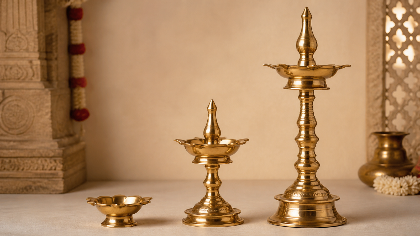 Agal diya, Kamachi vilakku and kuthu vilakku arranged by height