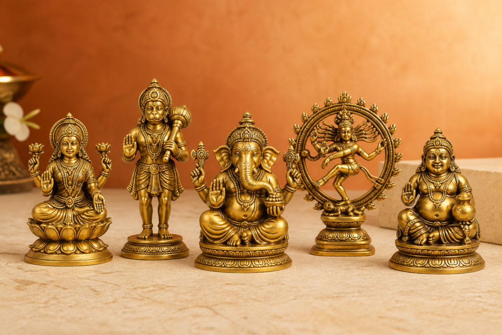 Miniature brass statues of Ganesha, Lakshmi, Hanuman, Nataraja and Kubera