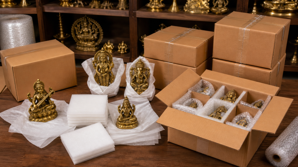Brass idols protected with foam and compartment packing for shipping