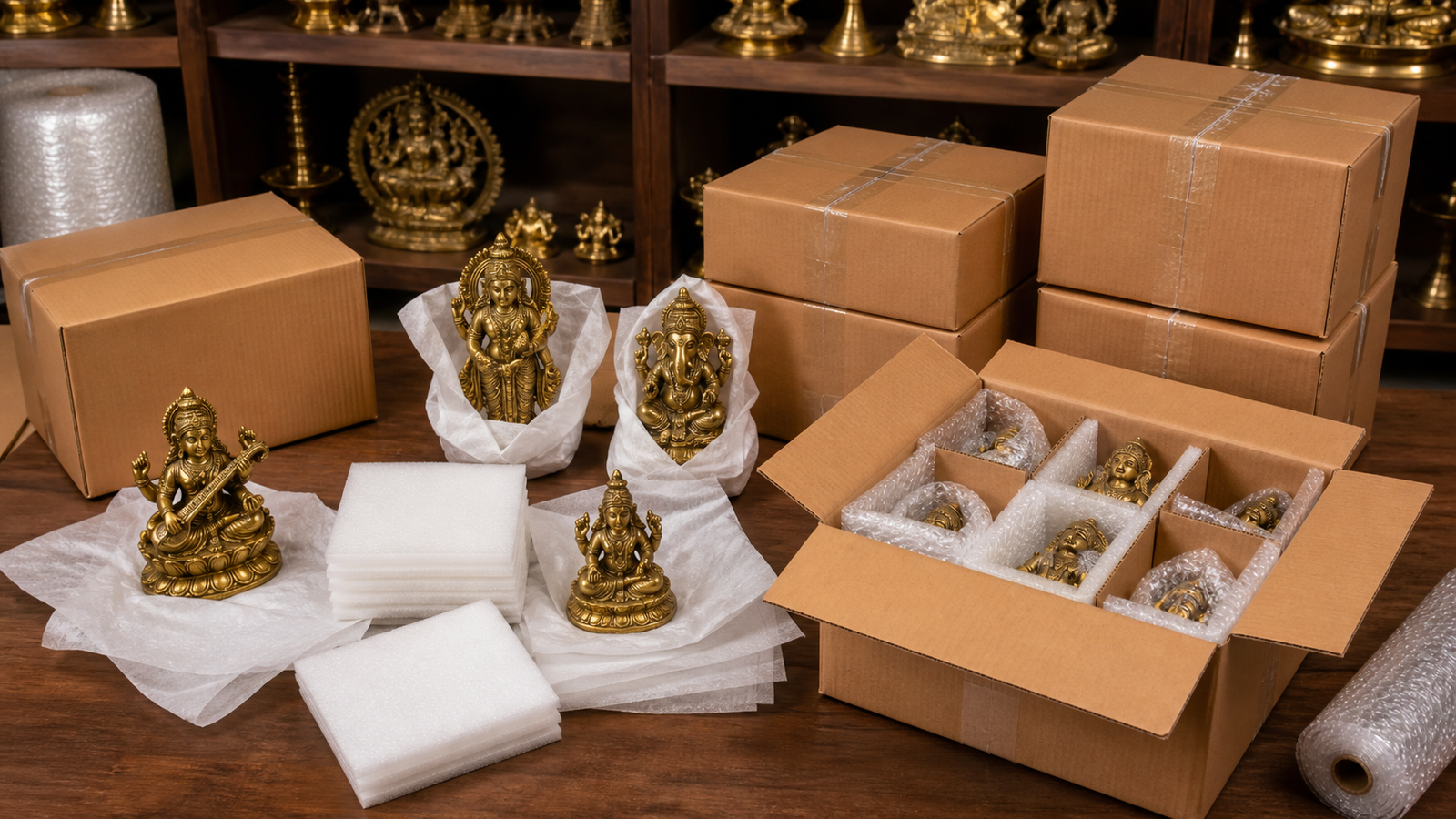 Brass idols protected with foam and compartment packing for shipping