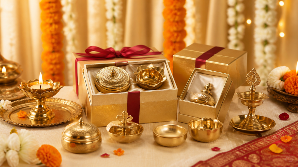 Polished brass return gifts arranged for an Indian wedding celebration