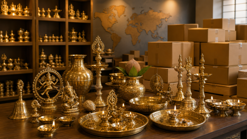 Wholesale brass puja articles displayed beside export packing cartons