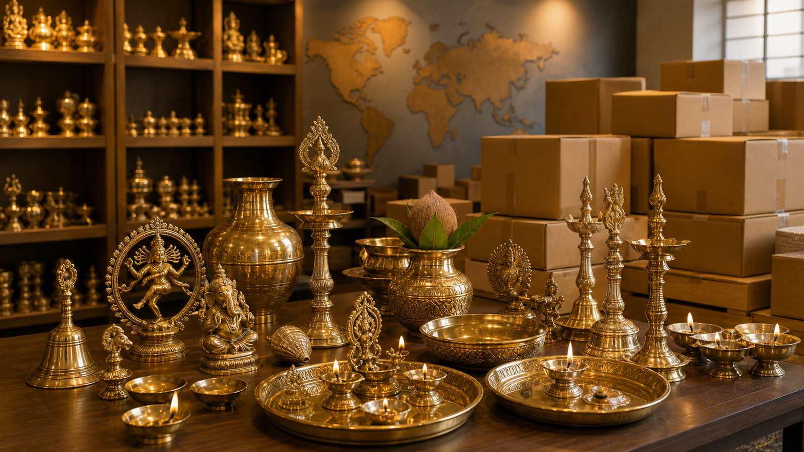 Wholesale brass puja articles displayed beside export packing cartons