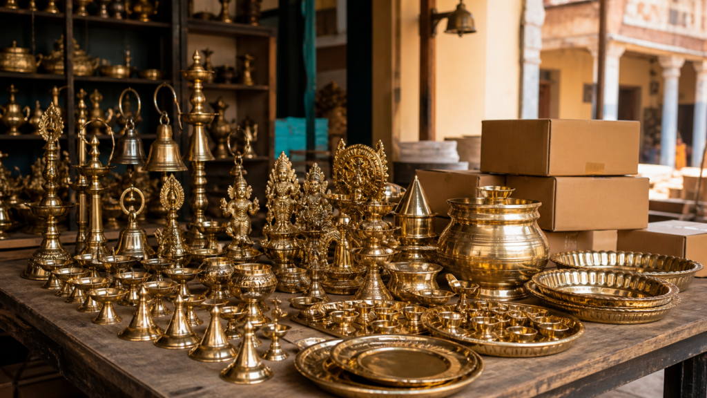 Wholesale brass puja articles arranged for inspection and packing in Madurai