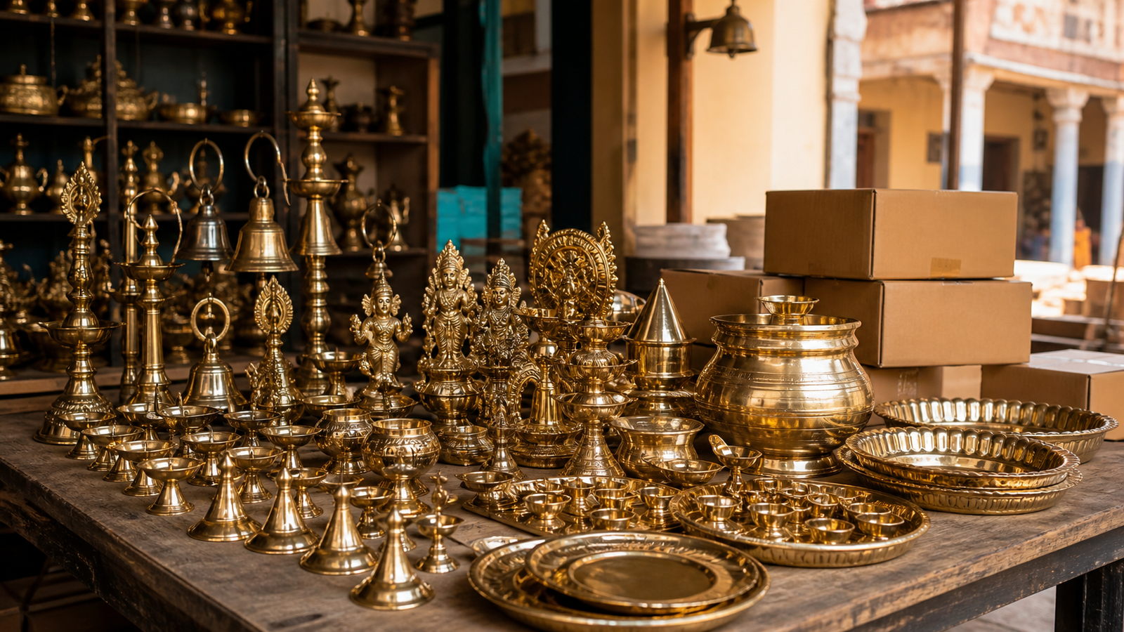 Wholesale brass puja articles arranged for inspection and packing in Madurai