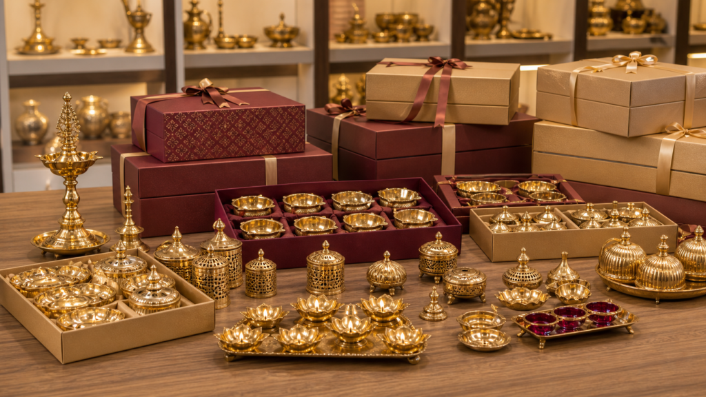 Wholesale brass return gifts arranged in coordinated bulk gift sets
