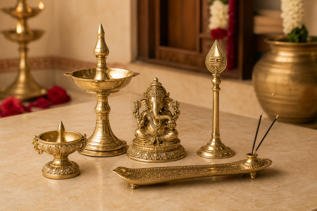 Wholesale brass pooja items including diya, Ganesha idol, Vel stand and agarbatti holder