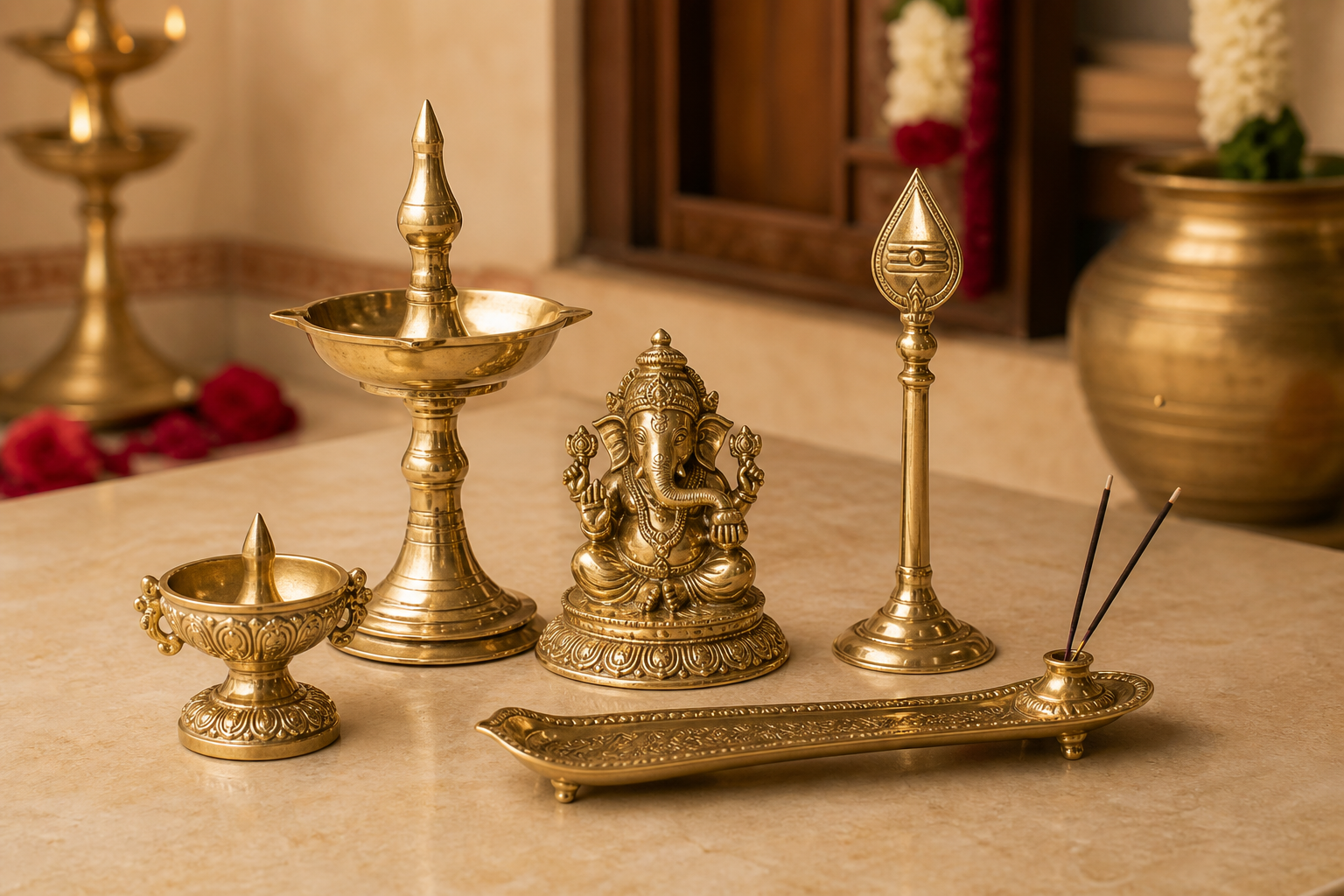 Wholesale brass pooja items including diya, Ganesha idol, Vel stand and agarbatti holder