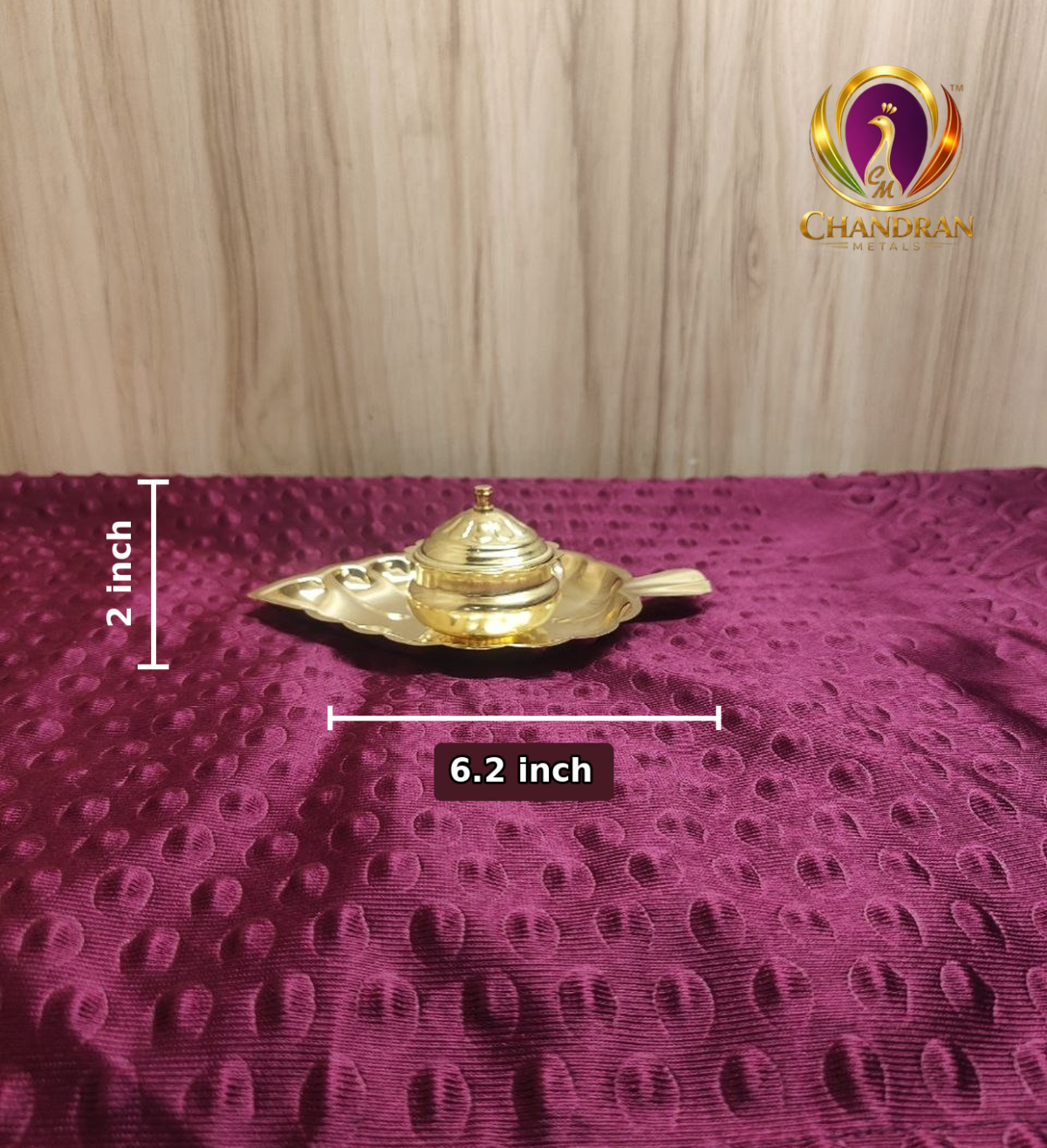 Brass Single Leaf Kumkum Box 6.2 Inch height and length measurements