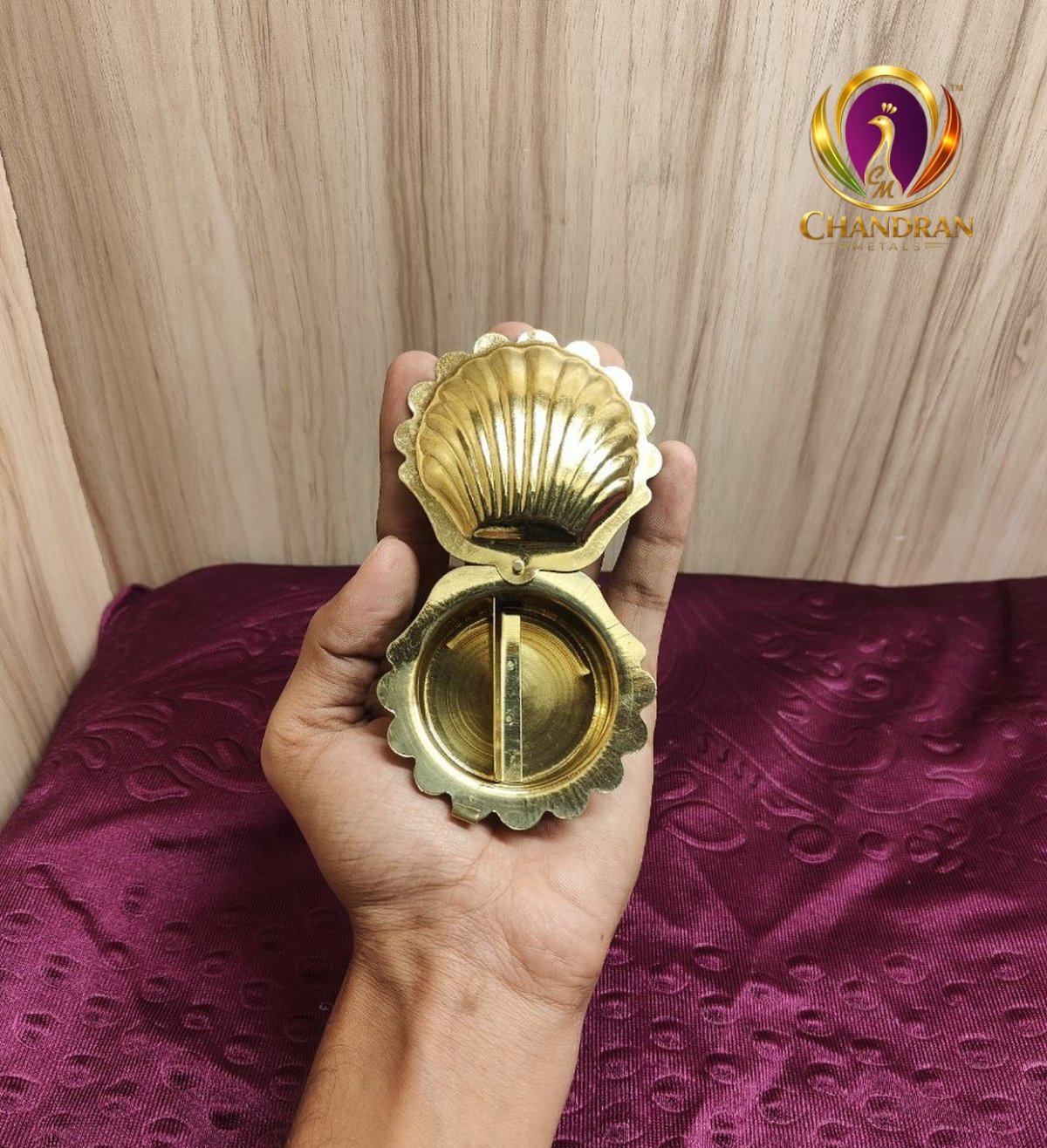 Brass Shell Shape KumKum Box 0.8 Inch open hand view
