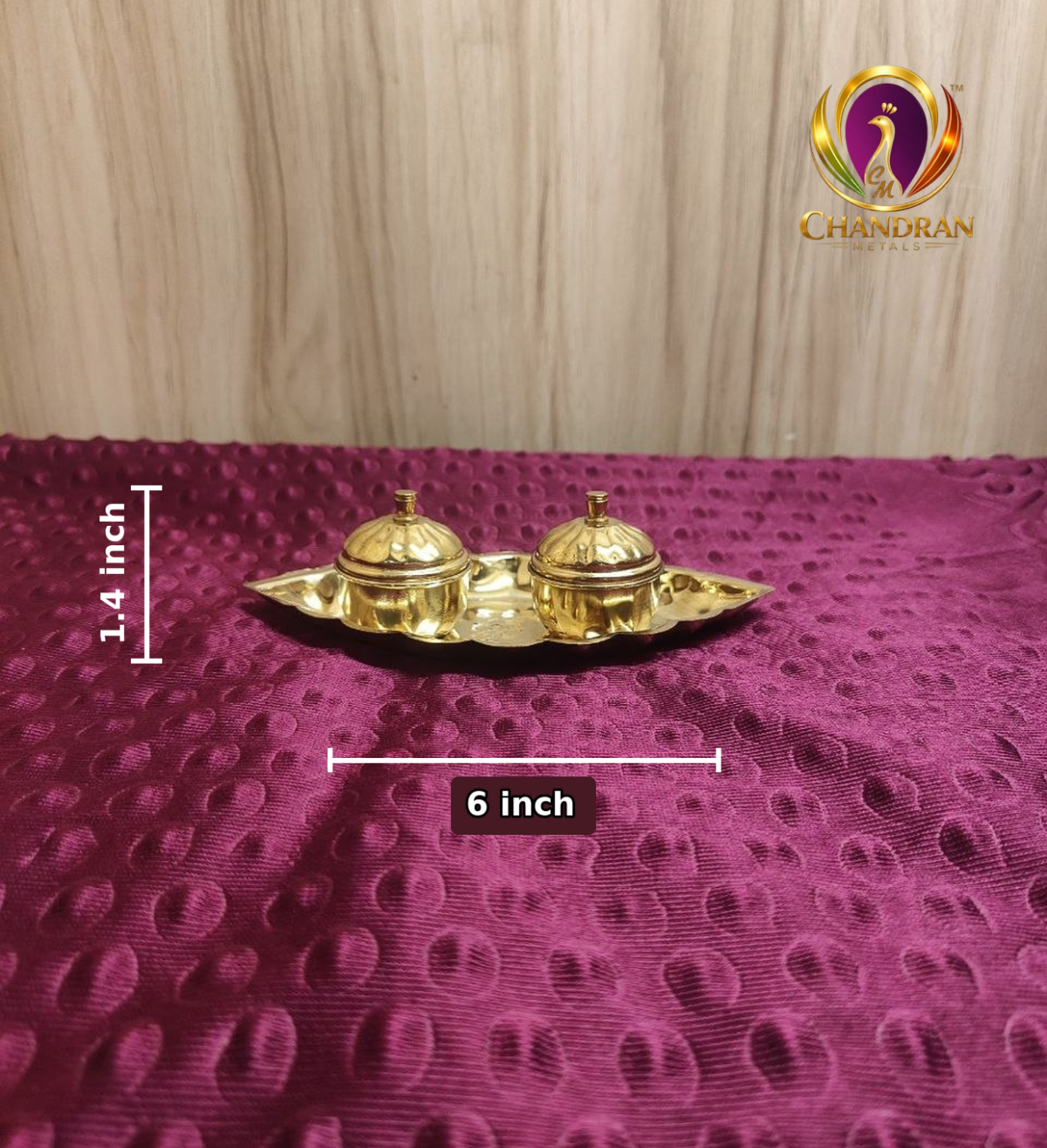 Brass Oval Two Cup Kumkum Box 6 Inch measurements