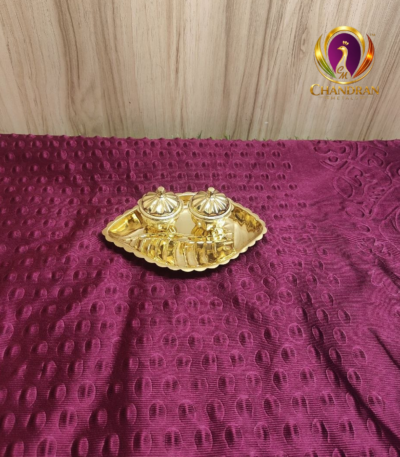 Brass Shanku Two Cup Kumkum Box 5.7 Inch