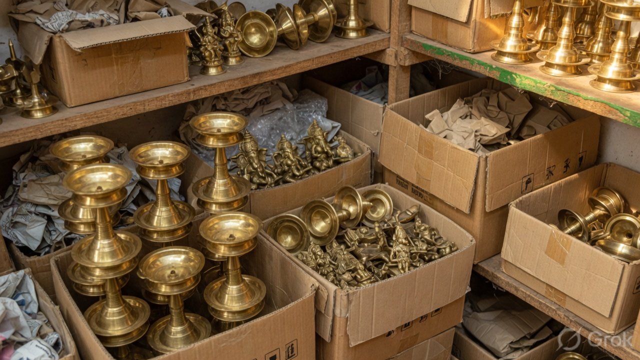 Illustrative image of brass vilakku and idols packed for wholesale dispatch