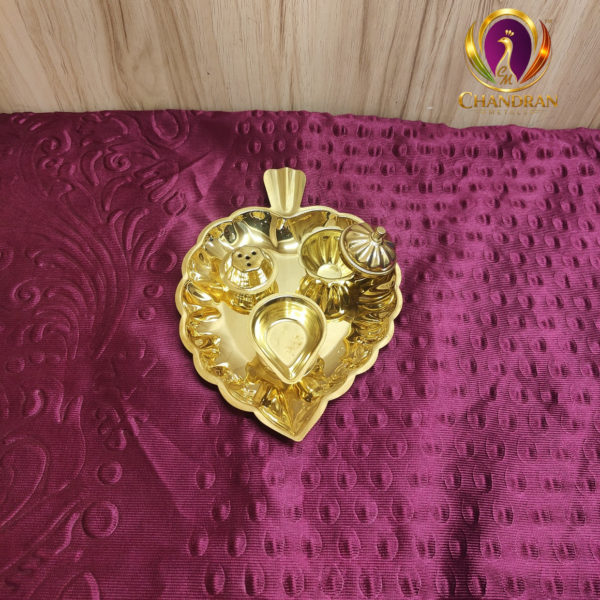 Brass Leaf Shaped Pooja Set 1.5 Inch front