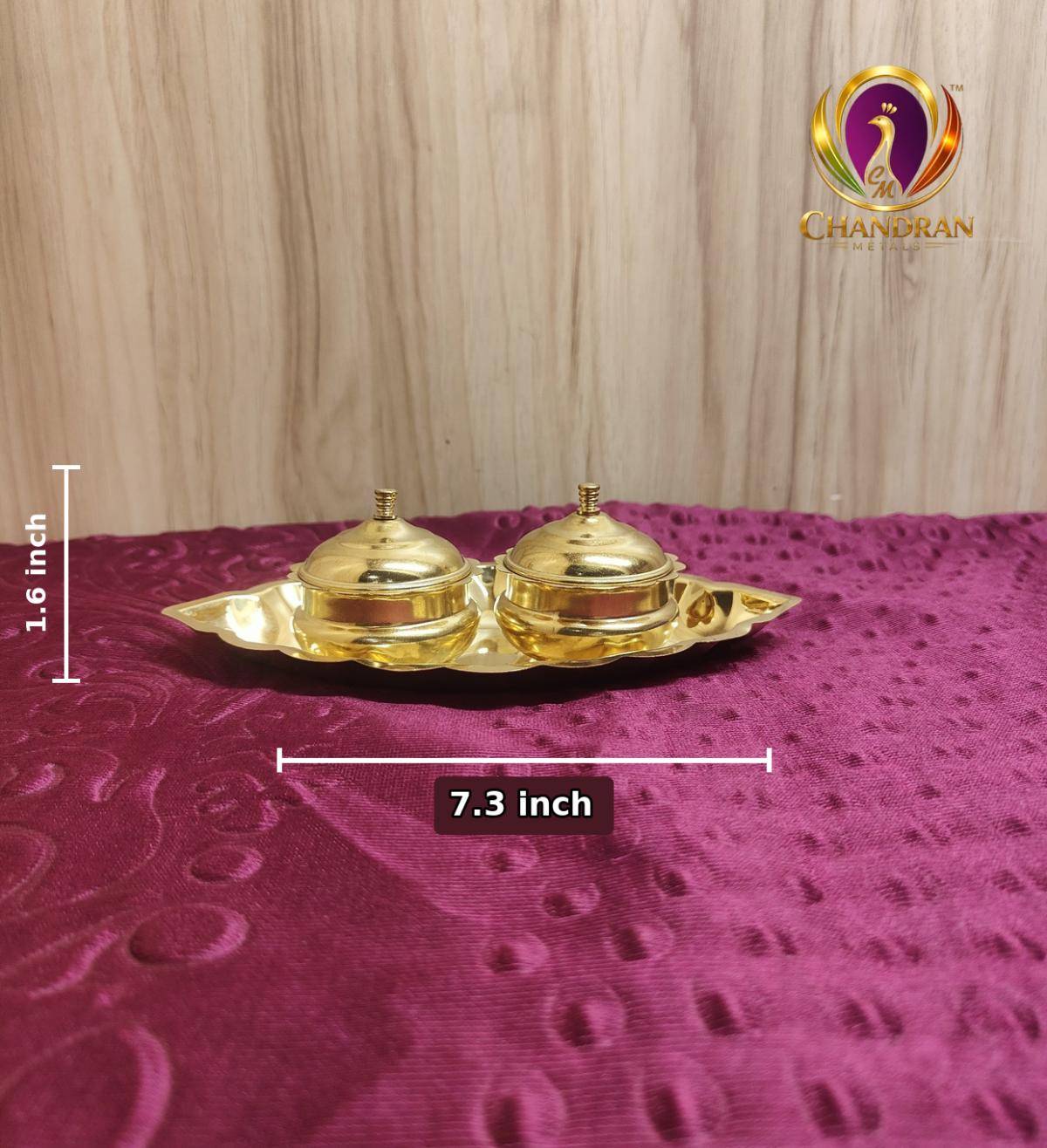 Brass Oval Two Cup Kumkum Box 1.6 Inch measurements