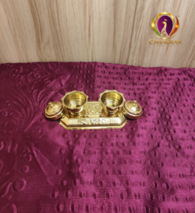 Brass Haldi Kumkum Holder Box With Lid and Base Tray 2.2 Inch front