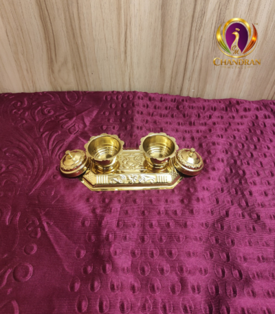 Brass Haldi Kumkum Holder Box With Lid and Base Tray 2.2 Inch front