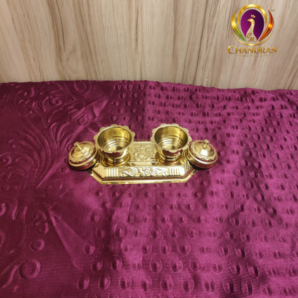 Brass Haldi Kumkum Holder Box With Lid and Base Tray 2.2 Inch front