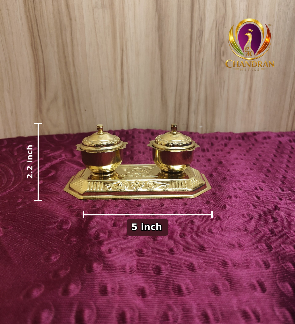 Brass Haldi Kumkum Holder Box With Lid and Base Tray 2.2 Inch measurements
