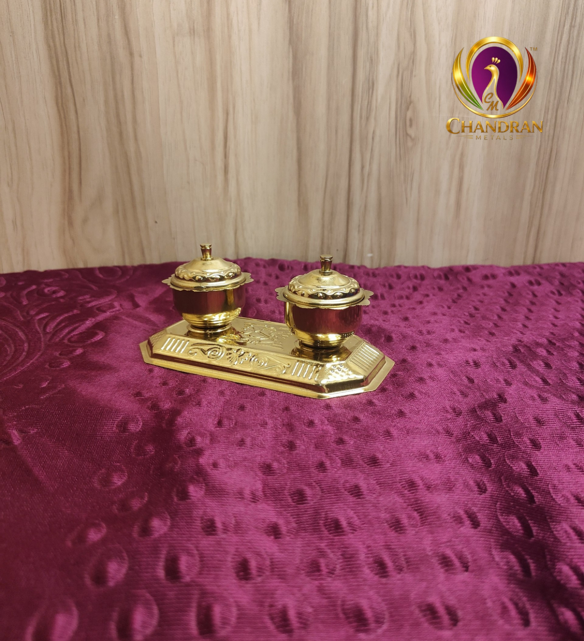 Brass Haldi Kumkum Holder Box With Lid and Base Tray 2.2 Inch view